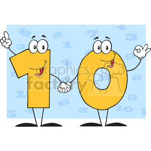 Illustration of animated number characters 1 and 0 holding hands and smiling against a background with other light blue numbers.