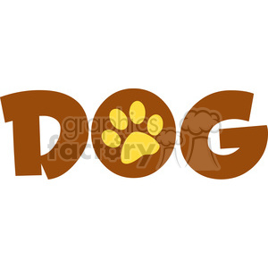 The image is a stylized representation of the word DOG where the letter O is replaced by a brown shape that resembles a paw print with yellow paw pads.