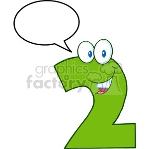 A cheerful green number two character with big eyes and a smiling mouth, featuring an empty speech bubble.