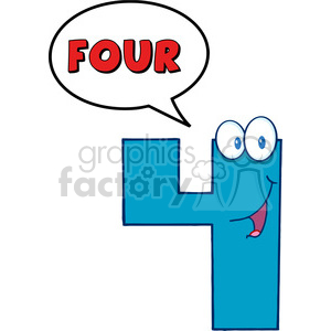 A funny blue number four character with eyes and a smile, speaking the word 'FOUR' in a speech bubble.