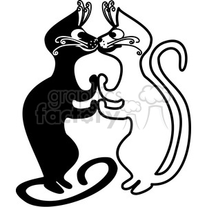 The clipart image features a stylized representation of two cats, one black and one white. They are depicted in a mirrored posture, facing each other with their tails intertwined. The design is abstract with decorative elements such as swirls for the whiskers and intricate patterns within the body of the cats.