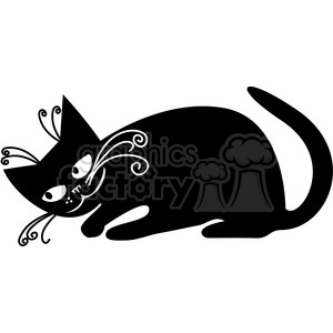 The clipart image features a stylized black cat with decorative whiskers. The cat appears to be playfully crouching or poised, with exaggerated details and a cartoon-like representation.