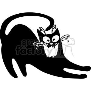 The clipart image features a stylized black cat. The cat has exaggerated features including large white eyes, long white whiskers, and sharp white teeth, giving it a spooky or possibly Halloween-themed appearance. Its body and tail are depicted with bold, smooth lines, and it has a dynamic pose with its back arched and its tail curled upward.