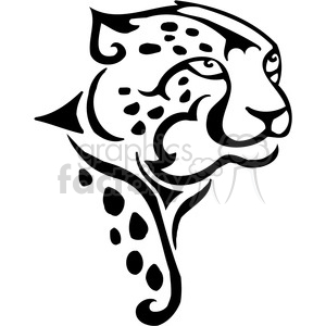 This clipart image features a stylized outline of a cheetah's head and neck. The design is simplified and graphic, with the distinctive spots of the cheetah indicated through black dots. The shapes and curves are smooth, suggesting it could be used for purposes such as vinyl decals or tattoos.