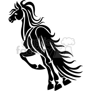 A black and white clipart image of a prancing horse with a flowing mane and tail.