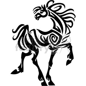 A black and white abstract tribal horse design in a stylized form, with flowing lines and curves representing the horse's body and mane.