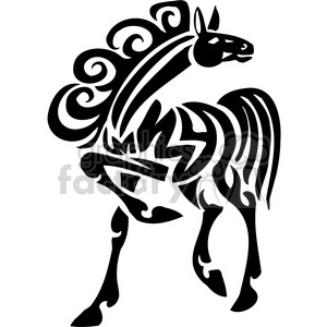 A black and white tribal-style clipart image of a horse with intricate patterns and swirls in the design.