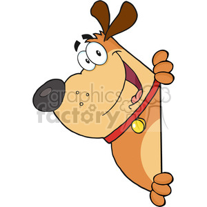   The clipart image features a comical cartoon dog with a large, exaggerated snout, big, expressive eyes, a red collar with a yellow tag, and an amusing, happy expression. The dog seems to be peeking or leaning into the frame, possibly suggesting a playful or curious demeanor. The image has a playful and lighthearted vibe typical of humorous pet illustrations. 