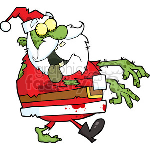 A humorous cartoon image of a zombie dressed as Santa Claus, featuring green skin, tattered clothes, and a playful expression.