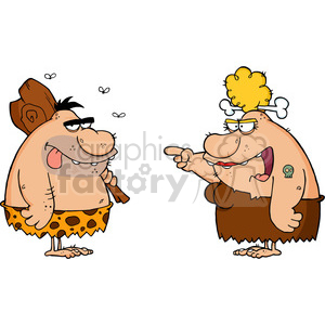 A comical illustration of a caveman and cavewoman from the Stone Age. The caveman is wearing a leopard print loincloth and holding a club, while the cavewoman with a bone in her hair is pointing and appears to be talking.