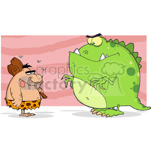   This clipart image depicts a humorous interaction between a caveman and a large green dinosaur. The caveman, wearing a typical stone-age outfit with a spotted pattern, is standing confidently with a slight frown, clutching a club in his right hand. The dinosaur stands towering over the caveman, sporting a mischievous grin. Both characters display exaggerated cartoon characteristics, creating a comical atmosphere set against a backdrop with a pinkish hue, suggestive of a prehistoric time. 