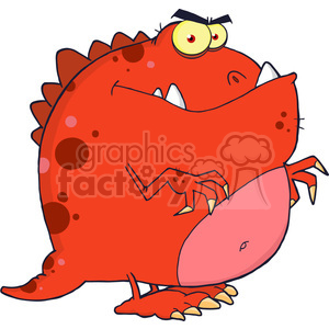   This clipart image features a comical red dinosaur with spots. The dinosaur has a humorous expression, with one eye half-closed and bushy eyebrows, as well as a wide, toothy grin. It appears to be in a standing position with one arm clinging to its belly. 