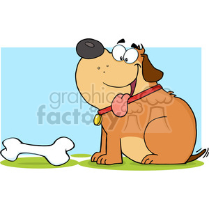   The image is a colorful, comical illustration of a happy brown dog with a big smile, sticking out its tongue, and wearing a red collar with a gold tag. There