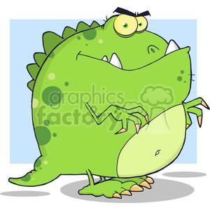   The clipart image features a comical, cartoonish green dinosaur. The dinosaur has a big, round body with darker green spots, a protruding belly, and a wide, toothy grin. It has one eye larger than the other, creating a goofy expression, and the larger eye is accentuated with a small, black, triangular eyebrow. The dinosaur’s arms are thin and stick-like, raised as if it