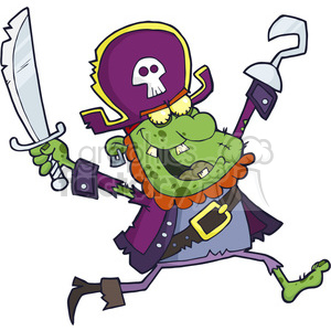 Comical zombie pirate cartoon character with a sword and hook hand, showing an excited expression.