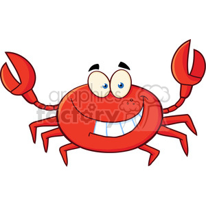 The image depicts a cartoonish, comical red crab with a big smile, showing white teeth. The crab has large, round, googly eyes and is raising its claws as if in a friendly greeting or in an animated expression.