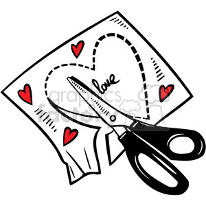 Clipart image of scissors cutting out a heart shape from paper with 'love' written on it, surrounded by smaller red hearts.