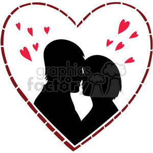 Silhouette of a romantic couple embracing inside a heart outline with scattered small hearts around them.