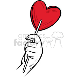 A clipart image of a hand holding a red heart-shaped candy on a stick, symbolizing love and Valentine's Day.