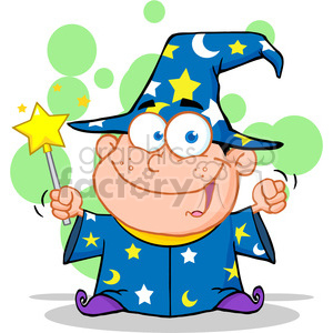 A cartoon wizard wearing a star and moon adorned hat and robe, holding a magic wand with a glowing star.