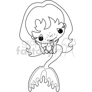 Cute clipart drawing of a smiling mermaid with long wavy hair, large eyes, and a tail fin. The mermaid's hands are resting under her chin in a playful pose.