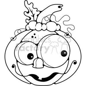 A black and white clipart image of a cartoon-style pumpkin with a goofy face and exaggerated facial features. The pumpkin has large, round eyes, a wide open mouth, and a stem with leaves on top.