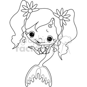 Black and white clipart image of a cute mermaid with flowers in her hair and a smiling expression.