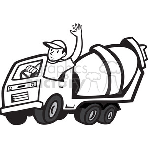 Black and white clipart image of a happy truck driver waving from a cement mixer truck.