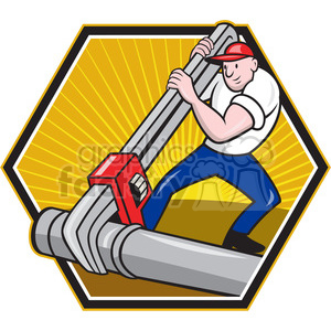 Clipart image of a plumber in a red hat using a large pipe wrench on a pipe, with a yellow sunburst background.