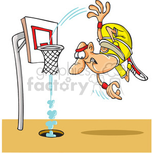 The clipart image depicts a cartoon basketball player in mid-air, performing a slam dunk. The player is shown with an exaggerated and humorous facial expression as he dunks the ball into the basketball hoop. The image is meant to convey a sense of excitement and fun associated with the sport of basketball.
