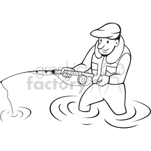 A black and white clipart image of a fisherman standing in water while holding a fishing rod.