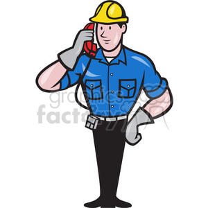 The clipart image shows a cartoon construction worker, wearing a hard hat and holding a telephone receiver to his ear. He appears to be making a phone call, likely related to his job as a repairman or foreman in the field of construction or labor.