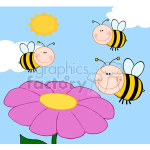 A cheerful clipart image featuring two smiling bees flying near a large pink flower under a bright yellow sun and blue sky with clouds.