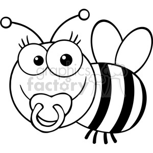 A black and white clipart image of a cute baby bee with large eyes, wearing a pacifier.
