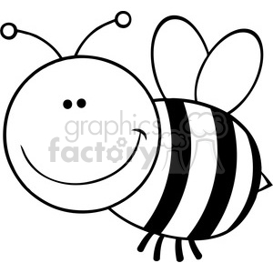 A simple black and white clipart of a smiling, friendly bee with large eyes, antennae, and wings.