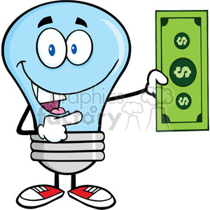 6074 Royalty Free Clip Art Blue Light Bulb Character Showing A Dollar Bill