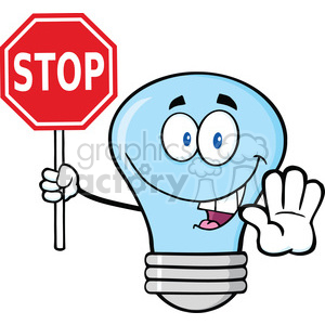 A humorous light bulb character holding a stop sign and gesturing with its hand.