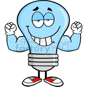 6037 Royalty Free Clip Art Smiling Blue Light Bulb Cartoon Mascot Character With Muscle Arms