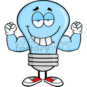 A cartoon character resembling a blue light bulb with human-like features, including a confident smile and muscular arms, appearing to symbolize an idea or innovation.