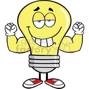 6036 Royalty Free Clip Art Smiling Light Bulb Cartoon Mascot Character With Muscle Arms