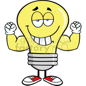 A humorous cartoon character depicting a lightbulb with a smiling face, muscular arms, and wearing red sneakers, symbolizing a bright idea.