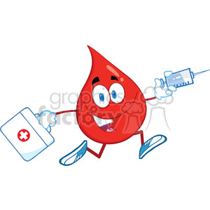 6182 Royalty Free Clip Art Red Blood Drop Character Running With A Syringe And Medicine Bag