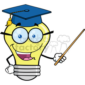6157 Royalty Free Clip Art Smiling Light Bulb Teacher Character With A Pointer