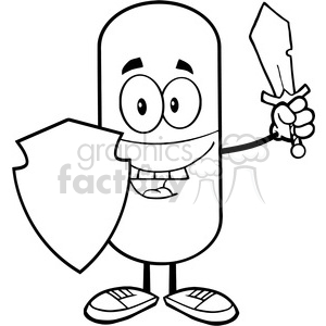 6299 Royalty Free Clip Art Black and White Pill Capsule Guarder With Shield And Sword