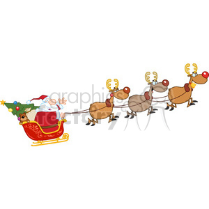 A humorous Christmas clipart featuring Santa Claus in a sleigh filled with gifts and a Christmas tree, being pulled by three cartoon reindeer.