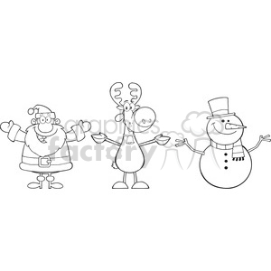 6679 Royalty Free Clip Art Black And White Santa Claus,Rudolph Reindeer And Snowman