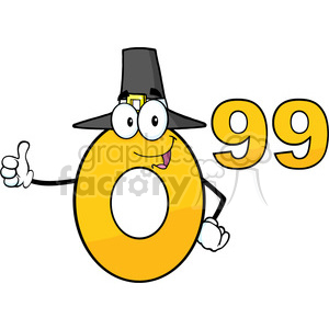 A quirky cartoon character in the shape of a number zero wearing a pilgrim hat, with the number 99 beside it, humorously representing pricing.