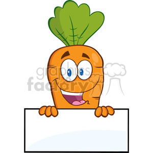A cheerful cartoon carrot with green leaves is holding a blank white sign.