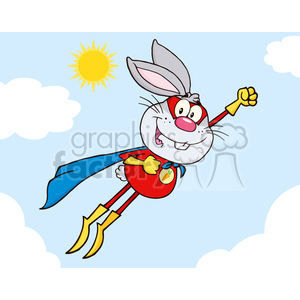 A cheerful superhero bunny rabbit wearing a cape and flying through the sky, with a sunny background and fluffy clouds.