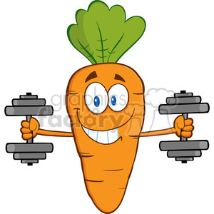 A cartoon carrot character smiling and lifting dumbbells.